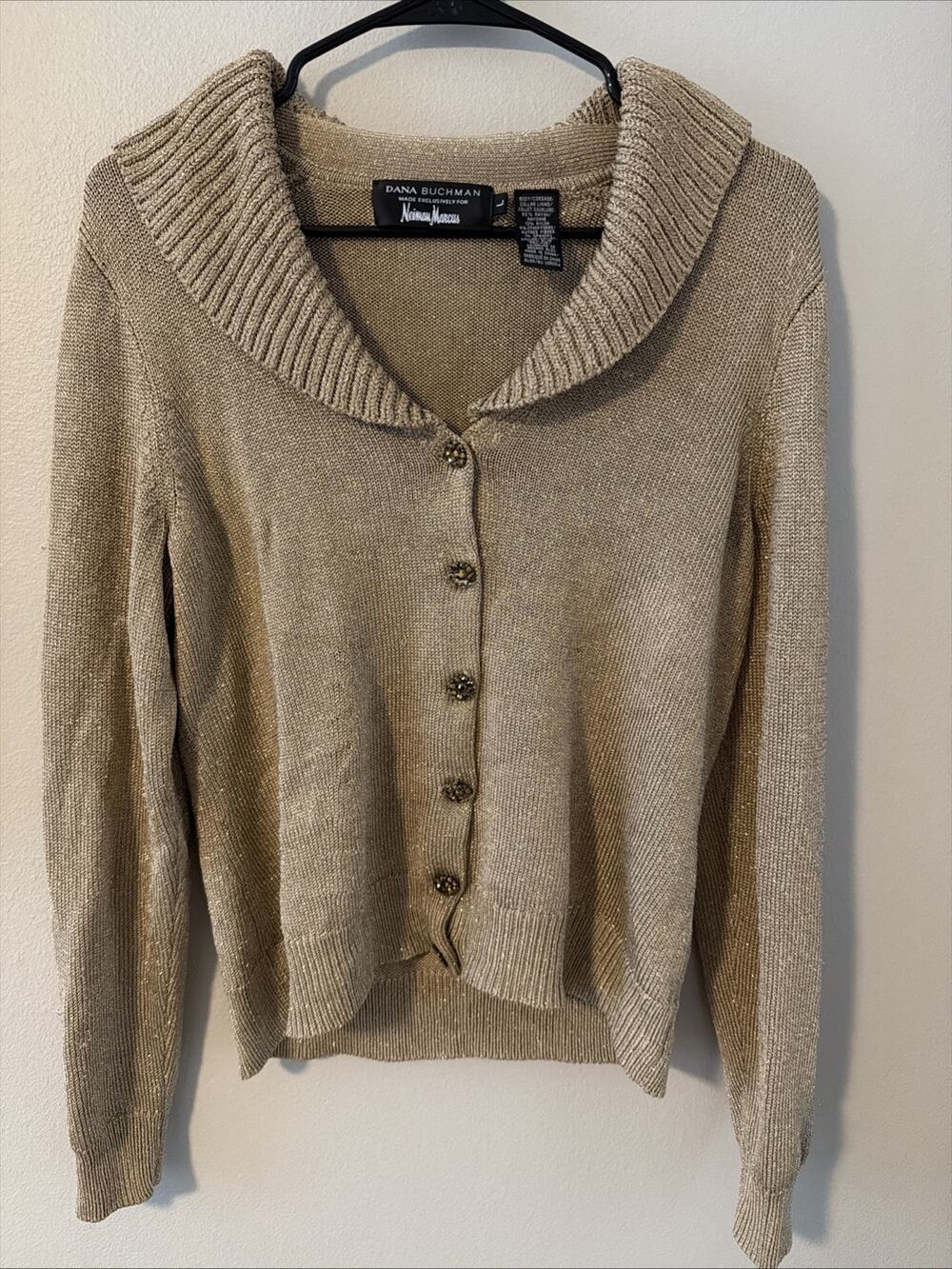 Dana Buchman Neiman Marcus Gold Metallic Cardigan L Blue Fox Fur Collar Vintage